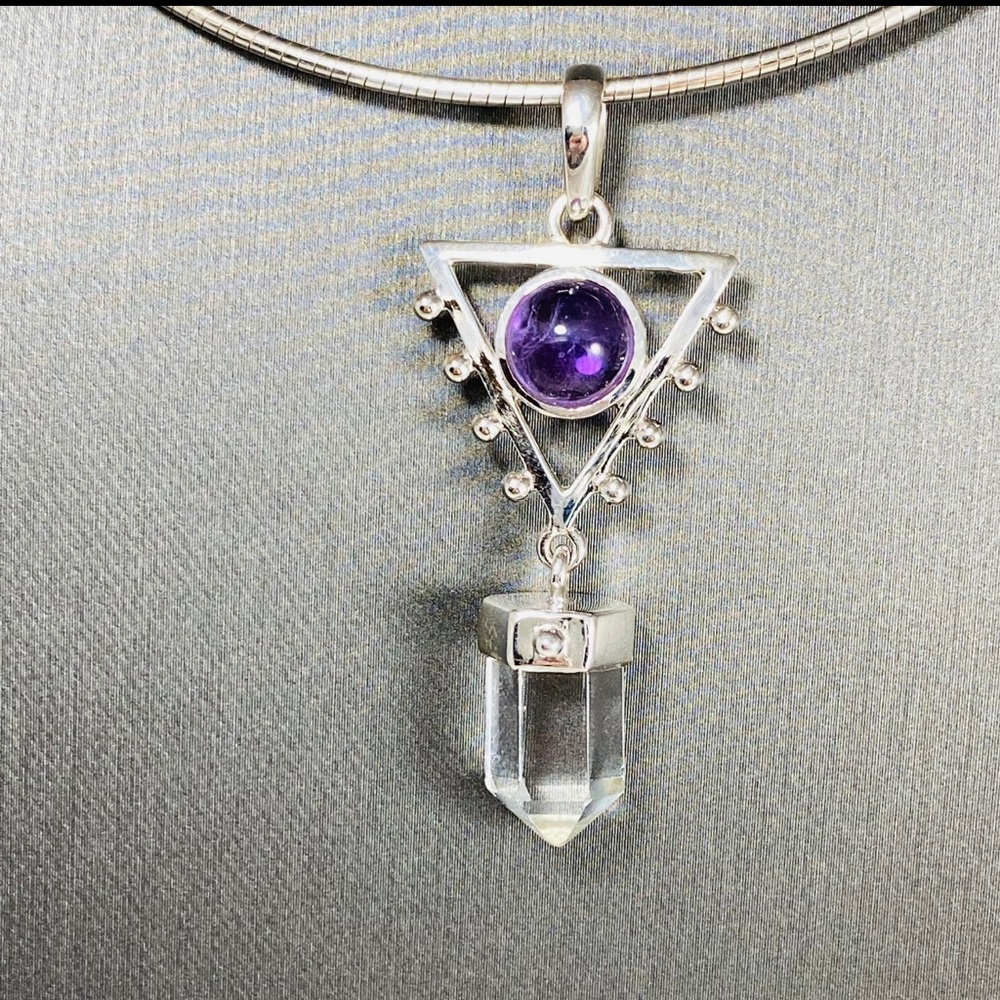 Magical sterling silver amethyst and clear quartz pendant, Spiritual, Witchy